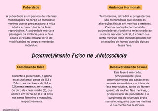 Puberdade
Crescimento físico
Mudanças Hormonais
A puberdade é umperíodo de intensas
modificações no corpo de meninas e
meninos que os prepara para a vida
adulta e para o início da fase
reprodutiva. A puberdade marca a
passagem da infância para a fase
adulta e resulta emuma série de
modificações no corpo e mente do
indivíduo.
@beattrizviieira
Testosterona, estradiol e progesterona
são os hormônios que iniciam as
alterações físicas emmeninos e meninas.
Como a produção hormonal da
puberdade está bastante relacionada ao
sistema nervoso central, é comumque
tanto meninos como meninas passem por
alterações de humor, que são típicas
dessa fase.
Durante a puberdade, o ganho
estatural anual passa de 5,3 a
7,0cmnas meninas e de 5,0 a
7,5cmnos meninos, no momento
do pico de crescimento (5), que
ocorre emtorno de 1
2 e 1
4 anos
nos sexos feminino e masculino,
respectivamente.
Desenvolvimento Sexual
Essa fase é marcada,
principalmente, pelo
desenvolvimento dos caracteres
sexuais secundários e o início da
fase reprodutiva, tanto do homem
quanto da mulher. Nas meninas, o
primeiro sinal da puberdade é o
surgimento do chamado broto
mamário, enquanto que nos meninos
é o aumento dos testículos.
 