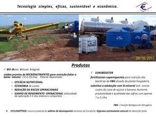 Tecnologia simples, eficaz, sustentável e econômica.




                                                             Produtos
 BVI (Baixo Volume Integral)
                                                                                EUROBOOSTER
caldas prontas de MICRONUTRIENTES para nutrição foliar a
baixo volume (10 a 25L/ha). Patente depositada .                               fertilizantes superespeciais para nutrição das
      •   EFICÁCIA NUTRICIONAL                                                     bactérias da FBN através da planta hospedeira.
      •   ECONOMIA de custos                                                   substitui a adubação com N-mineral sem onerar
      •   REDUÇÃO DE RISCOS OPERACIONAIS                                          custos da cana de açúcar e banana. Aumenta
      •   GANHO DE RENDIMENTO OPERACIONAL (velocidade                              produtividade e qualidade das safras com apenas
          da aplicação 5 X dos tratores e uniportes)
                                                                                   1 a 2 L/ha

                                                                                                    FBN = Fixação Biológica do Nitrogênio

    CICLOHEPTOSE: marca e patente do aditivo de desempenho exclusivo da Euroforte. Vigoroso estimulante natural da absorção foliar.
 