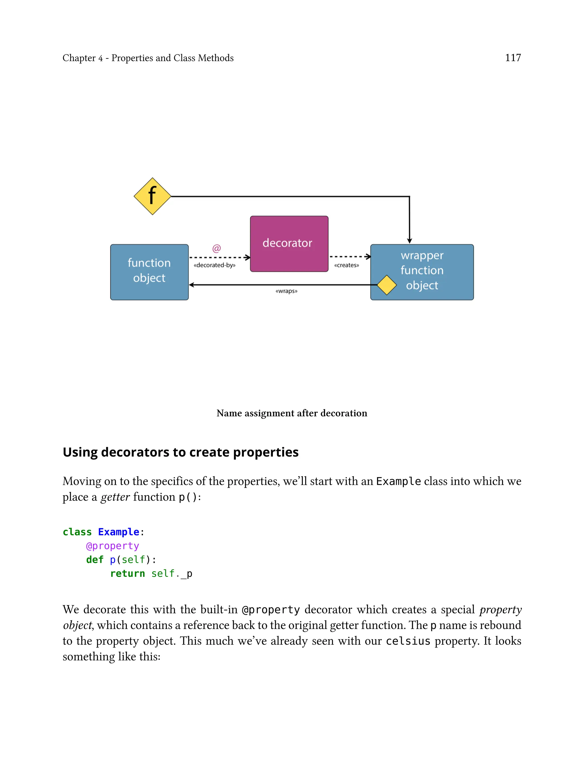 Chapter 4 - Properties and Class Methods 117
Name assignment after decoration
Using decorators to create properties
Moving on to the specifics of the properties, we’ll start with an Example class into which we
place a getter function p():
class Example:
@property
def p(self):
return self._p
We decorate this with the built-in @property decorator which creates a special property
object, which contains a reference back to the original getter function. The p name is rebound
to the property object. This much we’ve already seen with our celsius property. It looks
something like this:
 