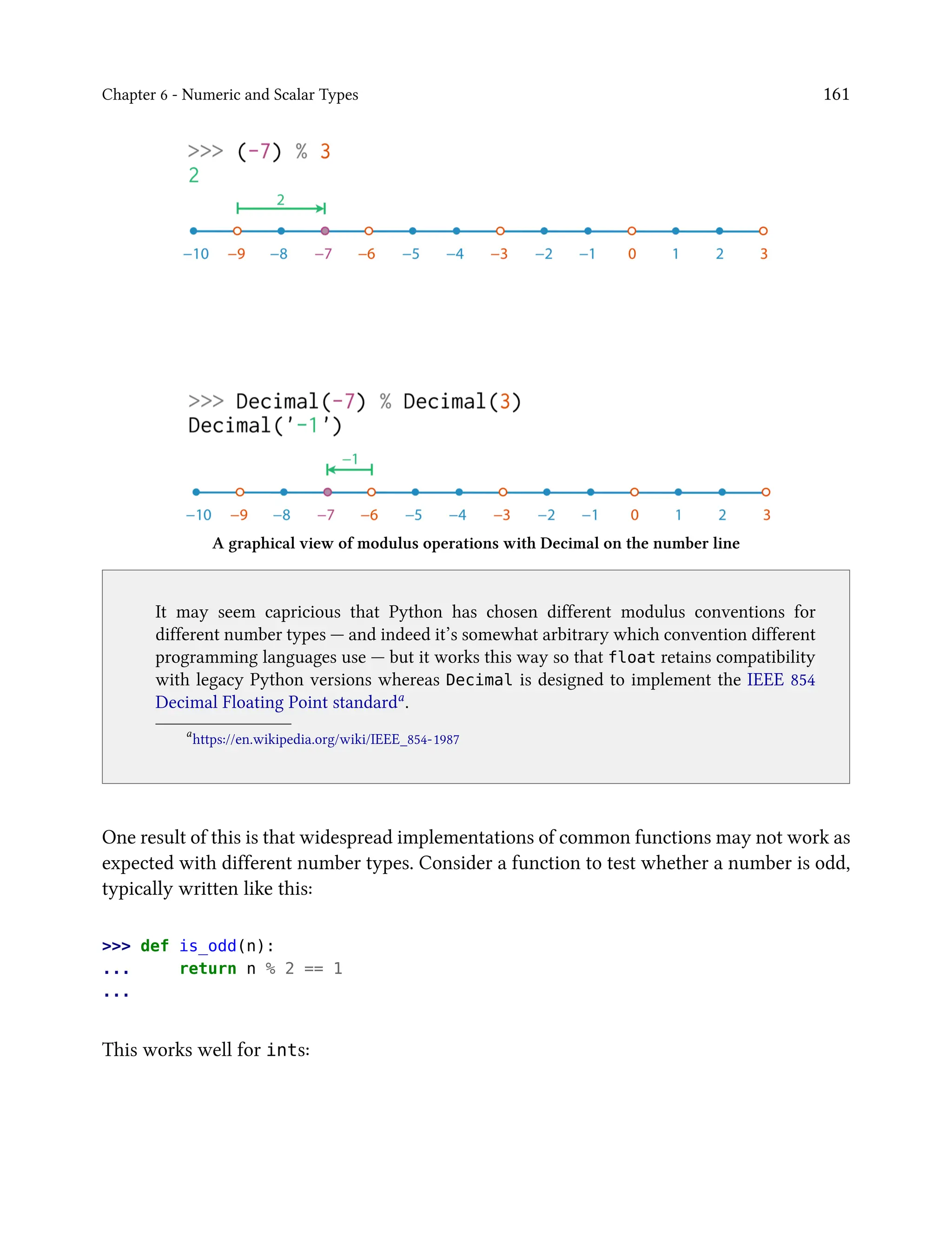 Chapter 6 - Numeric and Scalar Types 161
A graphical view of modulus operations with Decimal on the number line
It may seem capricious that Python has chosen different modulus conventions for
different number types — and indeed it’s somewhat arbitrary which convention different
programming languages use — but it works this way so that float retains compatibility
with legacy Python versions whereas Decimal is designed to implement the IEEE 854
Decimal Floating Point standarda
.
a
https://en.wikipedia.org/wiki/IEEE_854-1987
One result of this is that widespread implementations of common functions may not work as
expected with different number types. Consider a function to test whether a number is odd,
typically written like this:
>>> def is_odd(n):
... return n % 2 == 1
...
This works well for ints:
 