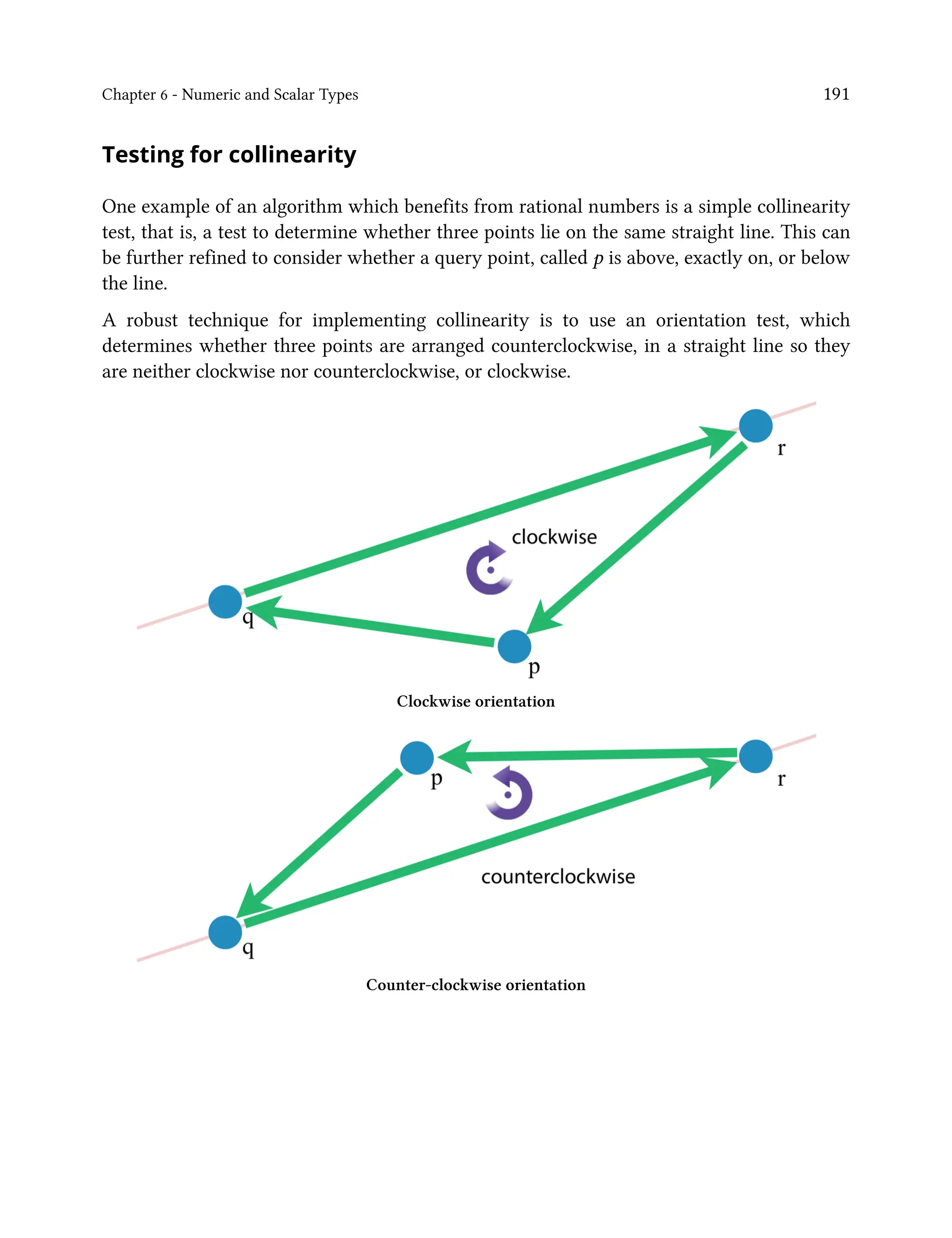 Chapter 6 - Numeric and Scalar Types 191
Testing for collinearity
One example of an algorithm which benefits from rational numbers is a simple collinearity
test, that is, a test to determine whether three points lie on the same straight line. This can
be further refined to consider whether a query point, called p is above, exactly on, or below
the line.
A robust technique for implementing collinearity is to use an orientation test, which
determines whether three points are arranged counterclockwise, in a straight line so they
are neither clockwise nor counterclockwise, or clockwise.
Clockwise orientation
Counter-clockwise orientation
 
