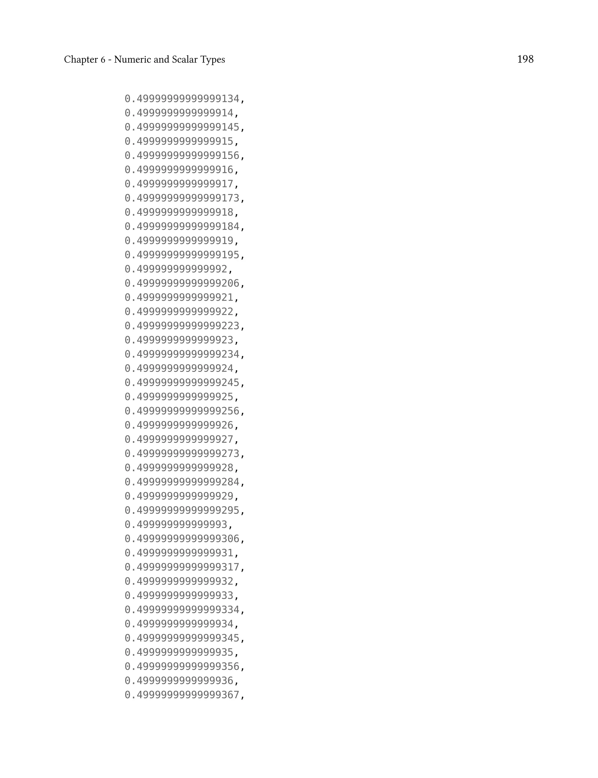 Chapter 6 - Numeric and Scalar Types 198
0.49999999999999134,
0.4999999999999914,
0.49999999999999145,
0.4999999999999915,
0.49999999999999156,
0.4999999999999916,
0.4999999999999917,
0.49999999999999173,
0.4999999999999918,
0.49999999999999184,
0.4999999999999919,
0.49999999999999195,
0.499999999999992,
0.49999999999999206,
0.4999999999999921,
0.4999999999999922,
0.49999999999999223,
0.4999999999999923,
0.49999999999999234,
0.4999999999999924,
0.49999999999999245,
0.4999999999999925,
0.49999999999999256,
0.4999999999999926,
0.4999999999999927,
0.49999999999999273,
0.4999999999999928,
0.49999999999999284,
0.4999999999999929,
0.49999999999999295,
0.499999999999993,
0.49999999999999306,
0.4999999999999931,
0.49999999999999317,
0.4999999999999932,
0.4999999999999933,
0.49999999999999334,
0.4999999999999934,
0.49999999999999345,
0.4999999999999935,
0.49999999999999356,
0.4999999999999936,
0.49999999999999367,
 