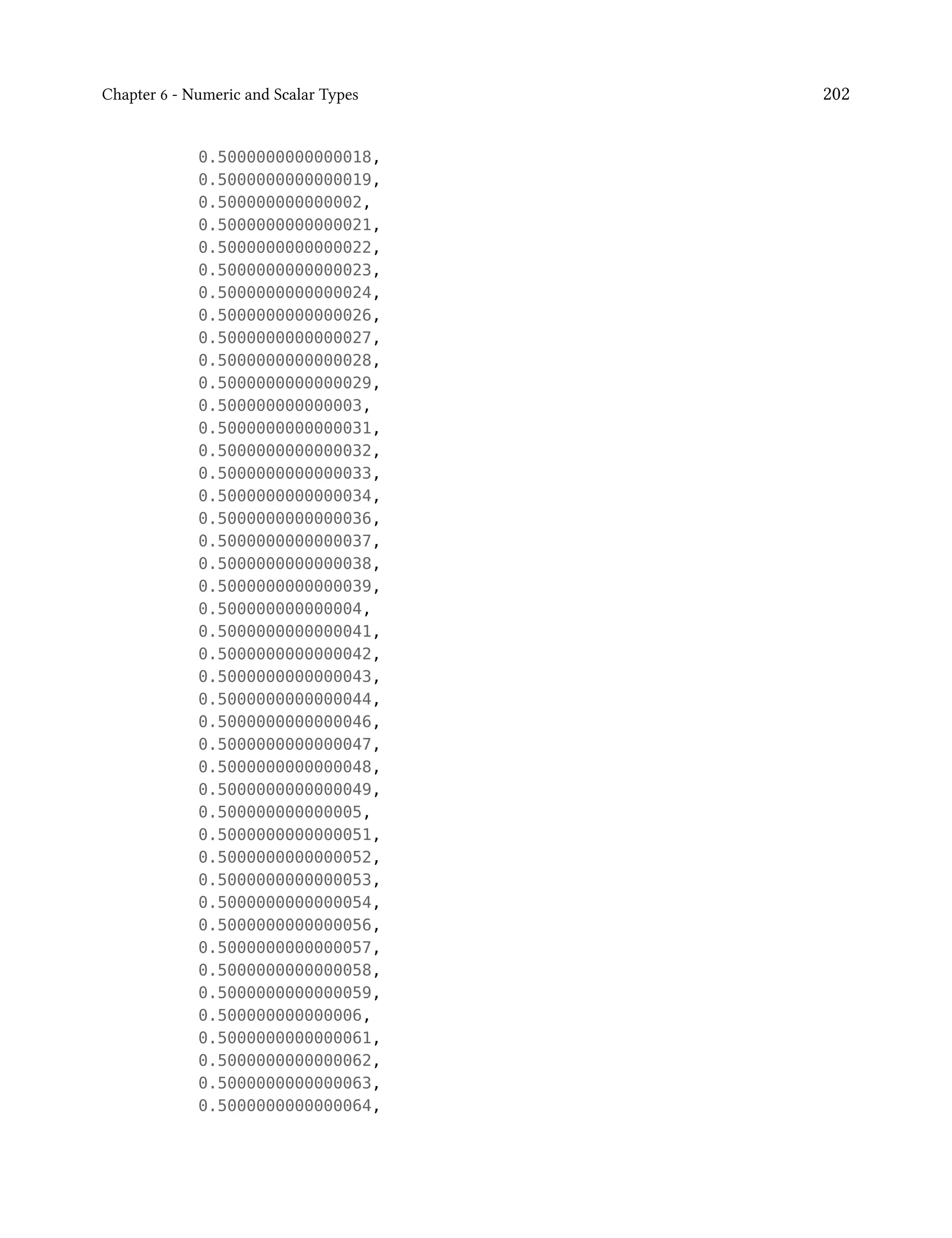 Chapter 6 - Numeric and Scalar Types 202
0.5000000000000018,
0.5000000000000019,
0.500000000000002,
0.5000000000000021,
0.5000000000000022,
0.5000000000000023,
0.5000000000000024,
0.5000000000000026,
0.5000000000000027,
0.5000000000000028,
0.5000000000000029,
0.500000000000003,
0.5000000000000031,
0.5000000000000032,
0.5000000000000033,
0.5000000000000034,
0.5000000000000036,
0.5000000000000037,
0.5000000000000038,
0.5000000000000039,
0.500000000000004,
0.5000000000000041,
0.5000000000000042,
0.5000000000000043,
0.5000000000000044,
0.5000000000000046,
0.5000000000000047,
0.5000000000000048,
0.5000000000000049,
0.500000000000005,
0.5000000000000051,
0.5000000000000052,
0.5000000000000053,
0.5000000000000054,
0.5000000000000056,
0.5000000000000057,
0.5000000000000058,
0.5000000000000059,
0.500000000000006,
0.5000000000000061,
0.5000000000000062,
0.5000000000000063,
0.5000000000000064,
 