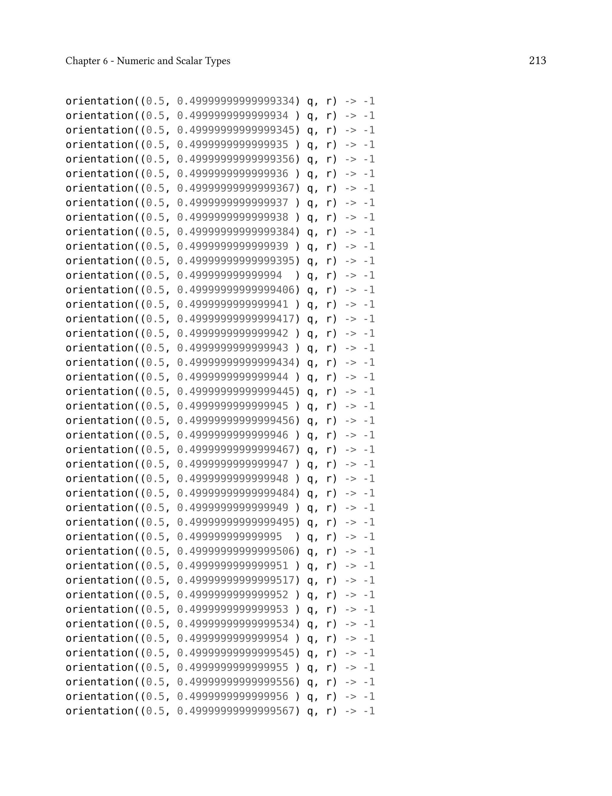 Chapter 6 - Numeric and Scalar Types 213
orientation((0.5, 0.49999999999999334) q, r) -> -1
orientation((0.5, 0.4999999999999934 ) q, r) -> -1
orientation((0.5, 0.49999999999999345) q, r) -> -1
orientation((0.5, 0.4999999999999935 ) q, r) -> -1
orientation((0.5, 0.49999999999999356) q, r) -> -1
orientation((0.5, 0.4999999999999936 ) q, r) -> -1
orientation((0.5, 0.49999999999999367) q, r) -> -1
orientation((0.5, 0.4999999999999937 ) q, r) -> -1
orientation((0.5, 0.4999999999999938 ) q, r) -> -1
orientation((0.5, 0.49999999999999384) q, r) -> -1
orientation((0.5, 0.4999999999999939 ) q, r) -> -1
orientation((0.5, 0.49999999999999395) q, r) -> -1
orientation((0.5, 0.499999999999994 ) q, r) -> -1
orientation((0.5, 0.49999999999999406) q, r) -> -1
orientation((0.5, 0.4999999999999941 ) q, r) -> -1
orientation((0.5, 0.49999999999999417) q, r) -> -1
orientation((0.5, 0.4999999999999942 ) q, r) -> -1
orientation((0.5, 0.4999999999999943 ) q, r) -> -1
orientation((0.5, 0.49999999999999434) q, r) -> -1
orientation((0.5, 0.4999999999999944 ) q, r) -> -1
orientation((0.5, 0.49999999999999445) q, r) -> -1
orientation((0.5, 0.4999999999999945 ) q, r) -> -1
orientation((0.5, 0.49999999999999456) q, r) -> -1
orientation((0.5, 0.4999999999999946 ) q, r) -> -1
orientation((0.5, 0.49999999999999467) q, r) -> -1
orientation((0.5, 0.4999999999999947 ) q, r) -> -1
orientation((0.5, 0.4999999999999948 ) q, r) -> -1
orientation((0.5, 0.49999999999999484) q, r) -> -1
orientation((0.5, 0.4999999999999949 ) q, r) -> -1
orientation((0.5, 0.49999999999999495) q, r) -> -1
orientation((0.5, 0.499999999999995 ) q, r) -> -1
orientation((0.5, 0.49999999999999506) q, r) -> -1
orientation((0.5, 0.4999999999999951 ) q, r) -> -1
orientation((0.5, 0.49999999999999517) q, r) -> -1
orientation((0.5, 0.4999999999999952 ) q, r) -> -1
orientation((0.5, 0.4999999999999953 ) q, r) -> -1
orientation((0.5, 0.49999999999999534) q, r) -> -1
orientation((0.5, 0.4999999999999954 ) q, r) -> -1
orientation((0.5, 0.49999999999999545) q, r) -> -1
orientation((0.5, 0.4999999999999955 ) q, r) -> -1
orientation((0.5, 0.49999999999999556) q, r) -> -1
orientation((0.5, 0.4999999999999956 ) q, r) -> -1
orientation((0.5, 0.49999999999999567) q, r) -> -1
 