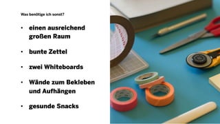 Was benötige ich sonst?
• einen ausreichend
großen Raum
• bunte Zettel
• zwei Whiteboards
• Wände zum Bekleben
und Aufhängen
• gesunde Snacks
14
 