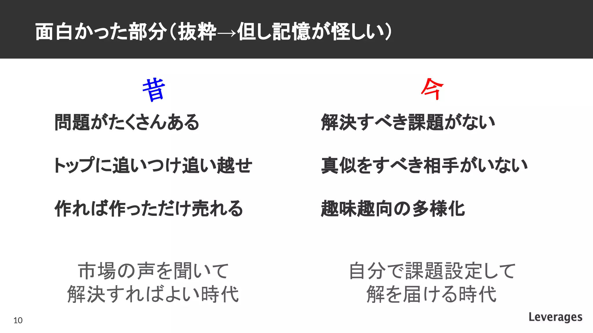 面白かった部分（抜粋→但し記憶が怪しい）
問題がたくさんある 解決すべき課題がない
トップに追いつけ追い越せ 真似をすべき相手がいない
作れば作っただけ売れる 趣味趣向の多様化
10
昔 今
市場の声を聞いて
解決すればよい時代
自分で課題設定して
解を届ける時代
 
