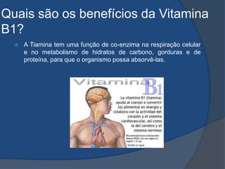 Quais são os benefícios da Vitamina B1?A Tiamina tem uma função de co-enzima na respiração celular e no metabolismo de hidratos de carbono, gorduras e de proteína, para que o organismo possa absorvê-las.