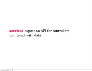 services expose an API for controllers
               to interact with data




Wednesday, March 7, 12
 
