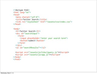 <!doctype html>
                     <html lang="en">
                     <head>
                       <meta charset="utf-8">
                       <title>Twitter Search</title>
                       <link rel="stylesheet" href="/assets/css/index.css">
                     </head>

                     <body>
                       <h1>Twitter Search</h1>
                       <div id="searchInput">
                         <form>
                            <input placeholder="enter your search term">
                            <button>submit</button>
                         </form>
                       </div>
                       <ul id="searchResults"></ul>

                       <script src="/assets/js/libs/jquery.js"></script>
                       <script src="/assets/js/app.js"></script>
                     </body>
                     </html>




Wednesday, March 7, 12
 