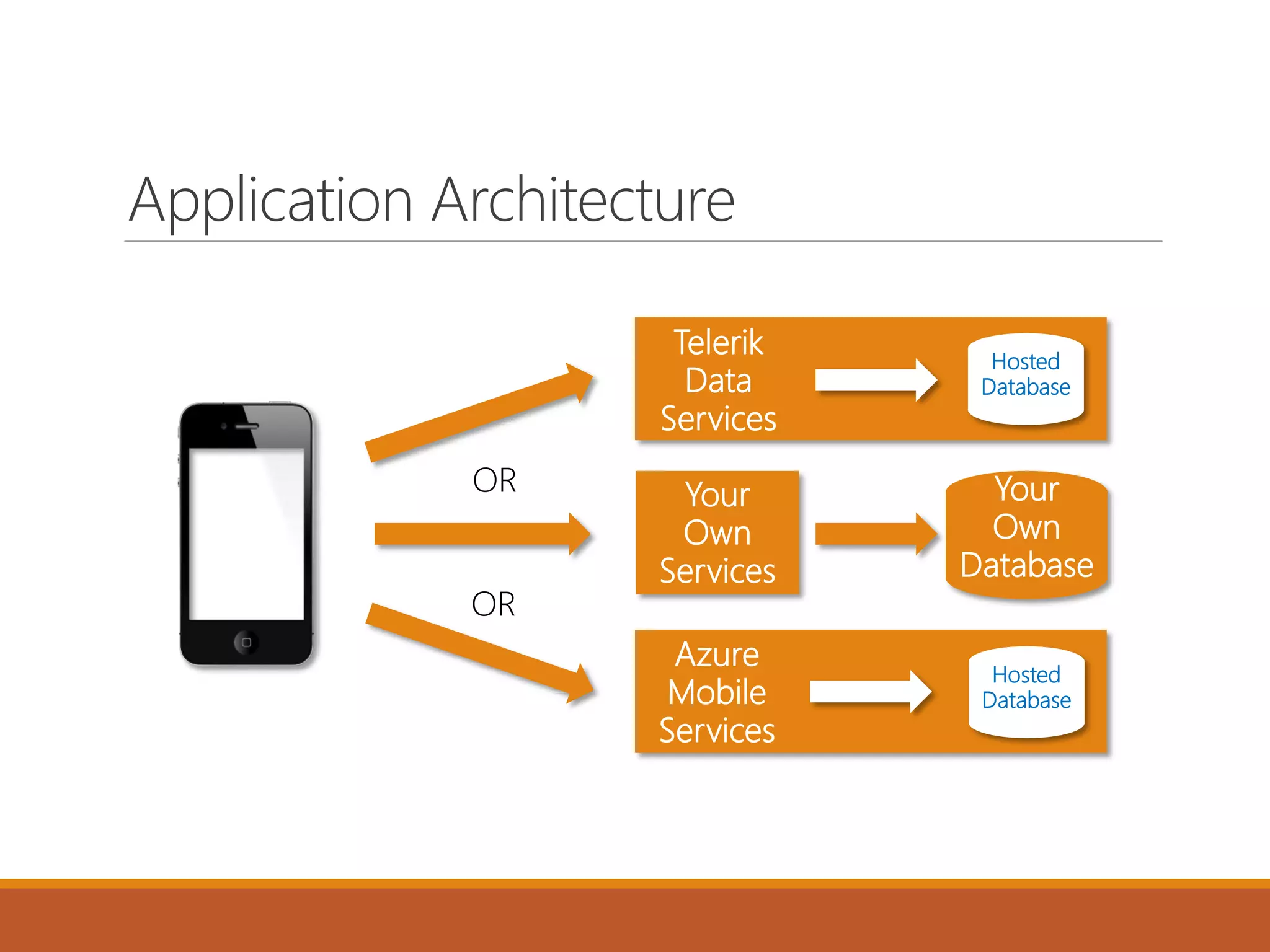 Application Architecture
Your
Own
Database
Your
Own
Services
Hosted
Database
Hosted
Database
Telerik
Data
Services
Azure
Mobile
Services
OR
OR
 