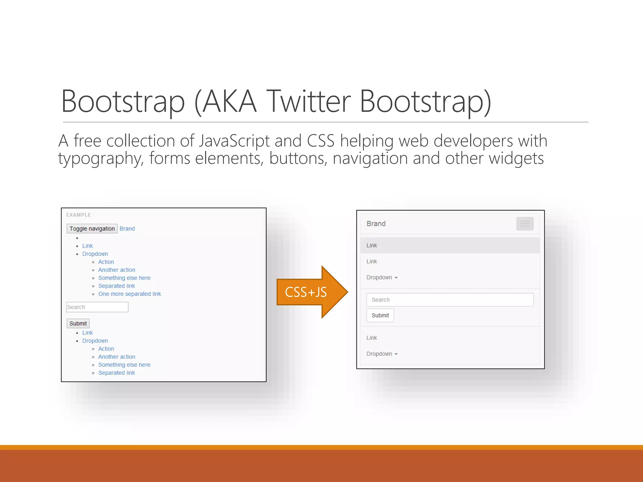 Bootstrap (AKA Twitter Bootstrap)
A free collection of JavaScript and CSS helping web developers with
typography, forms elements, buttons, navigation and other widgets
CSS+JS
 