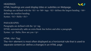 HTML FRONT END BASIC DEVELOPMENT AND CODES | PPTX