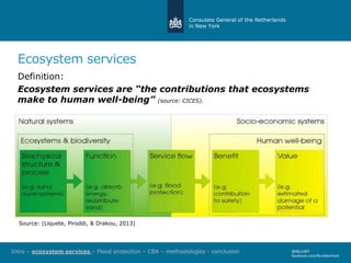 Consulate General of the Netherlands
in New York
Ecosystem services
Definition:
Ecosystem services are “the contributions that ecosystems
make to human well-being” (source: CICES).
@NLinNY
facebook.com/NLinNewYork
Source: (Liquete, Piroddi, & Drakou, 2013)
Intro – ecosystem services – Flood protection – CBA – methodologies - conclusion
 