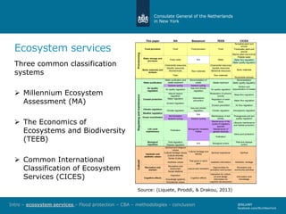 Consulate General of the Netherlands
in New York
Ecosystem services
@NLinNY
facebook.com/NLinNewYork
Intro – ecosystem services – Flood protection – CBA – methodologies - conclusion
Three common classification
systems
 Millennium Ecosystem
Assessment (MA)
 The Economics of
Ecosystems and Biodiversity
(TEEB)
 Common International
Classification of Ecosystem
Services (CICES)
Source: (Liquete, Piroddi, & Drakou, 2013)
 