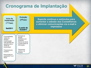 Cronograma de Implantação
                             Principais eventos

                                           Execução da            Abertura da          Revisão do
     Início                                 Estratégia            Requisição                           Mobilização
                    Término dos                                                        Número de
   Demanda                                      de                de Compra                                  e
                    estudos e e                                                        Licenças e
   Portal de                               Contratação               (RC)                              Implantação
                     Início RFP                                                          Escopo
  Governança                               (apoio de TI)                                                  Ago e
                      Abr/2011                                                            Jul e
   Jan/2011                                   Abr e                                                      Set/2011
                                                                   Jun/2011            Ago/2011
                                             Mai/2011


                    Validação dos          Avaliação da          Análise técnica das   Contratação     Mobilização do
                    requisitos técnicos    arquitetura de        propostas             finalizada em   fornecedor –
Envolvimento da
                    para o “Portal de      segurança das                               18/08/11        Detalhamento de
TI no trabalho de
                    Governança”.           soluções.                                                   Cronograma
definição de                                                     Análise comercial
requisitos para o   Mapeamento dos         Realização de         das propostas
"Portal de          principais players e   Workshops (Book
Governança” e       soluções               e Portal)             Negociação das
envolvimento de                                                  Condições
                    disponíveis
suprimentos.                                                     Comerciais
                    Desenvolvimento        Análise               Negociação dos
                    da Estratégia de       Build X Buy           Termos de
                    Contratação.           • Build:              Contratação
Entendimento do                               Pessoas,
Escopo do Projeto   Definição do                                 Produto: 2 anos
                                              Softwares e
                    Sourcing list.                               de contrato a
                                              Equipamentos
                                                                 preço fixo. Modelo
                                           • Buy:
                                                                 contratual
                                              Players locais     baseado em
                                             e internacionais.
                                                                 ‘SaaS’ – Software
                                                                 as a Service.
                                                                                                                         21
 
