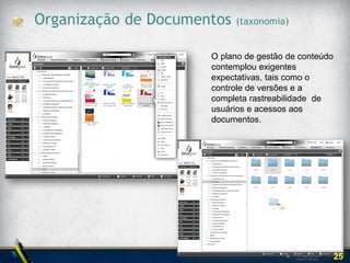 Lista de Funcionalidades da Solução

                      Perfil dos                                       Aprovações
                     Executivos                                        e Decisões

         Calendário                                                           Discussões
                                                                              e
                                                                              Conferência
      Grupos de                                                               s Acesso Offline
       Trabalho                                                                  (Briefcase, quando
    (TeamSpaces                                                                  não há acesso a
              )                                                                  Internet)
                                      Acessibilidade   Alinhamento                   Central de
Notícias e Status                                                                    Reuniões

   Organização                                                                    Páginas
            de                                                                    Customizadas
   Documentos
     (Repositório)
         Permissões                                                          Micro Blogging
          de Acesso                             Controle                     (discussões por tema)
                             Chat
       Seguro (discussão entre                                       Certificações Digitais
                      Conselheiros)                                  (garante mais segurança)

                                                                                                  25
 