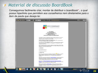 Calendário


Outro módulo
extremamente
importante, o
calendário organiza a
agenda de atividades
dos conselheiros e
possui uma série de
funções que se
integram com sistemas
de webcasting e
programas de e-mail,
como o Outlook®.




                        29
 