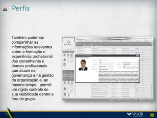 Aprovações
Este módulo provê um
processo simples para
formalizar aprovações ou
votos desfavoráveis em
decisões.
Os resultados das votações
são registrados
automaticamente e
mostrados em gráficos de
pizza, permitindo que seus
resultados sejam
conhecidos imediatamente
e que se identifique a
opinião de todas as partes
envolvidas.




                             32
 