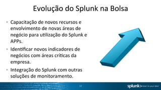 Evolução	
  do	
  Splunk	
  na	
  Bolsa	
  
"      Capacitação	
  de	
  novos	
  recursos	
  e	
  
       envolvimento	
  de	
  novas	
  áreas	
  de	
  
       negócio	
  para	
  uOlização	
  do	
  Splunk	
  e	
  
       APPs.	
  
"      IdenOﬁcar	
  novos	
  indicadores	
  de	
  
       negócios	
  com	
  áreas	
  críOcas	
  da	
  
       empresa.	
  
"      Integração	
  do	
  Splunk	
  com	
  outras	
  
       soluções	
  de	
  monitoramento.	
  
	
                                                   12	
  
 