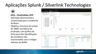 Aplicações	
  Splunk	
  /	
  Silverlink	
  Technologies	
  
 	
  
 	
  	
  	
  	
  	
  OCN	
  –	
  OneClickNoc	
  NTP	
  
 " Aplicação	
  desenvolvida	
  e	
  
                     customizada	
  para	
  o	
  ambiente	
  
                     da	
  Bolsa.	
  
 " ObjeOvo:	
  Sincronia	
  de	
  tempo	
  
                     de	
  1800+	
  servidores	
  de	
  
                     produção,	
  com	
  gráﬁco	
  de	
  
                     linha	
  para	
  fácil	
  idenOﬁcação	
  
                     de	
  servidores	
  não	
  
                     sincronizados	
  com	
  o	
  relógio	
  
                     atômico	
  da	
  BVMF.	
  


                                                                 7	
  
 