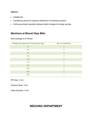 Options:

    Satellite kier
    Conditioning device for optimum distribution of remaining moisture
    Continuous blower operation between batch changes for energy savings




Machines at Bharat Vijay Mills

Each package is of 700 gm.

    Weighing capacity of machine(in kg)                    No. of machines
                      27                                           2
                      46                                           6
                      60                                           4
                      100                                          1
                      109                                          4
                      110                                          3
                      200                                          1
                      400                                          2
                      600                                          2
                      850                                          1

RF Dryer: 2 m/c

Pressure Dryer: 1m/c

Hydro Extractor: 2 m/c




                            WEAVING DEPARTMENT
 