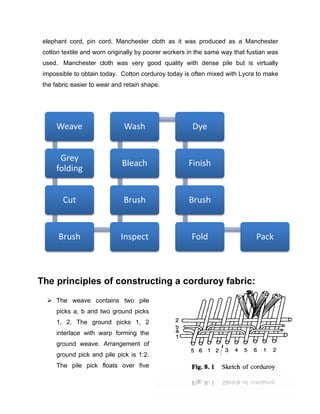 elephant cord, pin cord, Manchester cloth as it was produced as a Manchester
 cotton textile and worn originally by poorer workers in the same way that fustian was
 used. Manchester cloth was very good quality with dense pile but is virtually
 impossible to obtain today. Cotton corduroy today is often mixed with Lycra to make
 the fabric easier to wear and retain shape.




      Weave                   Wash                     Dye


       Grey
                              Bleach                 Finish
      folding


        Cut                   Brush                  Brush


      Brush                  Inspect                  Fold                    Pack



The principles of constructing a corduroy fabric:
   The weave contains two pile
      picks a, b and two ground picks
      1, 2. The ground picks 1, 2
      interlace with warp forming the
      ground weave. Arrangement of
      ground pick and pile pick is 1:2.
      The pile pick floats over five
 