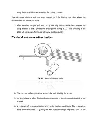 warp threads which are convenient for cutting process.

The pile picks interlace with the warp threads 5, 6 for binding the piles where the
intersections are called pile roots.

    After weaving, the pile weft was cut by specially constructed knives between the
       warp threads 2 and 3 (where the arrow points in Fig. 8.1). Then, brushing it, the
       piles will be upright, forming a full bulky band corduroy.

Working of a corduroy cutting machine:




    The circular knife is placed on a mandril A indicated by the arrow.

    As the knives revolve, fabric advances towards in the direction indicated by an
       arrow F.

    A guide wire E is inserted in the fabric under the long weft floats. The guide wires
       have these functions: 1) guiding the weft floats forming a loop-like: “race” to the
 