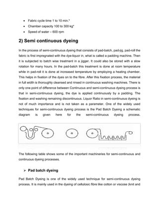    Fabric cycle time 1 to 10 min.*
      Chamber capacity 100 to 300 kg*
      Speed of water – 600 rpm


2) Semi continuous dyeing
In the process of semi-continuous dyeing that consists of pad-batch, pad-jig, pad-roll the
fabric is first impregnated with the dye-liquor in, what is called a padding machine. Then
it is subjected to batch wise treatment in a jigger. It could also be stored with a slow
rotation for many hours. In the pad-batch this treatment is done at room temperature
while in pad-roll it is done at increased temperature by employing a heating chamber.
This helps in fixation of the dyes on to the fibre. After this fixation process, the material
in full width is thoroughly cleansed and rinsed in continuous washing machines. There is
only one point of difference between Continuous and semi-continuous dyeing process is
that in semi-continuous dyeing, the dye is applied continuously by a padding. The
fixation and washing remaining discontinuous. Liquor Ratio in semi-continuous dyeing is
not of much importance and is not taken as a parameter. One of the widely used
techniques for semi-continuous dyeing process is the Pad Batch Dyeing a schematic
diagram     is    given     here     for    the    semi-continuous      dyeing      process.




The following table shows some of the important machineries for semi-continuous and
continuous dyeing processes.


    Pad batch dyeing

Pad Batch Dyeing is one of the widely used technique for semi-continuous dyeing
process. It is mainly used in the dyeing of cellulosic fibre like cotton or viscose (knit and
 