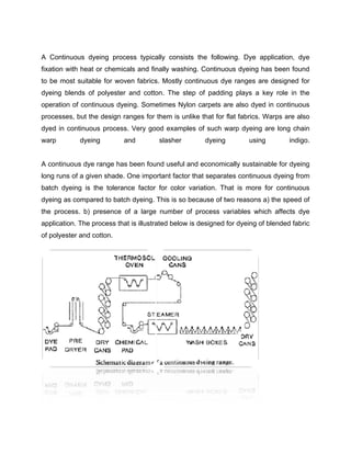 A Continuous dyeing process typically consists the following. Dye application, dye
fixation with heat or chemicals and finally washing. Continuous dyeing has been found
to be most suitable for woven fabrics. Mostly continuous dye ranges are designed for
dyeing blends of polyester and cotton. The step of padding plays a key role in the
operation of continuous dyeing. Sometimes Nylon carpets are also dyed in continuous
processes, but the design ranges for them is unlike that for flat fabrics. Warps are also
dyed in continuous process. Very good examples of such warp dyeing are long chain
warp         dyeing         and        slasher         dyeing         using         indigo.


A continuous dye range has been found useful and economically sustainable for dyeing
long runs of a given shade. One important factor that separates continuous dyeing from
batch dyeing is the tolerance factor for color variation. That is more for continuous
dyeing as compared to batch dyeing. This is so because of two reasons a) the speed of
the process. b) presence of a large number of process variables which affects dye
application. The process that is illustrated below is designed for dyeing of blended fabric
of polyester and cotton.
 