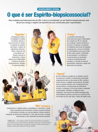 Desenvolvimento integral

O que é ser Espírito-biopsicossocial?
Nas unidades socioeducacionais da LBV, o aluno é considerado um ser Espírito-biopsicossocial, pois
ele já traz consigo o registro de experiências que contribuirão para o aprendizado.

“Espírito”

“Psico”

A Pedagogia do Afeto e
a Pedagogia do Cidadão
Ecumênico valorizam o
que se encontra no interior,
os aspectos do subjetivo
que trazem o registro de
experiências anteriores;
afinal, o educando não
é uma tábula rasa*.
Também estimula os
sentimentos e reforça
valores como Solidariedade
Ecumênica, Amizade e
Companheirismo, utilizados
de maneira empática.

As questões emocionais são
observadas pela equipe multidisciplinar
das unidades da LBV, em especial
por psicólogas. Quando necessário, o
educando é amparado nos aspectos
de fragilidade decorrentes de situações
desagregadoras, comuns ao ambiente
de vulnerabilidade social a que muitas
famílias estão sujeitas. A dificuldade
de aprendizagem e os distúrbios e
comportamentos que demandem
o auxílio da profissional da área
psicológica, a exemplo de casos de
agressividade, isolamento e apatia, são
observados com atenção.

“Social”

Fotos: Vivian R. Ferreira

Na LBV, enfatiza-se a prática de um trabalho conjunto
da escola com a família. É fundamental a participação
organizada dos pais na vida escolar do filho. Quando a
escola conhece a realidade socioeconômica da família,
torna-se possível contribuir para o fortalecimento dos
vínculos afetivos. A família precisa de acolhimento,
incentivo e orientação, a fim de que busque a superação
de dificuldades, identifique e fortaleça as suas
habilidades. Pelo exercício dos valores iluminados pela
Espiritualidade Ecumênica, promove-se a Cultura de Paz
nas escolas da LBV, onde, aliás, o índice de evasão é zero.

“Bio” (biológico)

Compreende os cuidados médicos, odontológicos e nutricionais. A saúde
física é pensada de forma preventiva, inclusive, levando orientação
e informações às famílias, por meio de palestras, folhetos variados e
programas de saúde que as beneficiem. O bem-estar do corpo é condição
essencial para o bom andamento do processo educativo.
* Tábula rasa — No empirismo (escola do pensamento filosófico que defende
como origem única do conhecimento a experiência, aquilo que se capta do mundo
externo), o termo tábula rasa é o estado que carateriza a mente vazia, anterior a
qualquer conhecimento obtido por meio dos sentidos.
BOA VONTADE Mulher

43

 