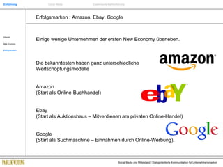 Erfolgsmarken : Amazon, Ebay, Google Internet New Economy Erfolgsmarken Einige wenige Unternehmen der ersten New Economy überleben. Die bekanntesten haben ganz unterschiedliche Wertschöpfungsmodelle  Amazon  (Start als Online-Buchhandel) Ebay  (Start als Auktionshaus – Mitverdienen am privaten Online-Handel) Google  (Start als Suchmaschine – Einnahmen durch Online-Werbung). Einführung Social Media Systemische Markenführung 