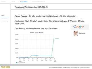 Facebook-Wettbewerber: GOOGLE+ Web 2.0 Neue Treffpunkte Herausforderungen Bevor Google+ für alle startet, hat die Site bereits 10 Mio Mitglieder.  Nach dem Start „für alle“ gewinnt der Dienst innerhalb von 2 Wochen 40 Mio neue User. Das Prinzip ist dasselbe wie das von Facebook. Einführung   Internet  Social Media   Systemische Markenführung 