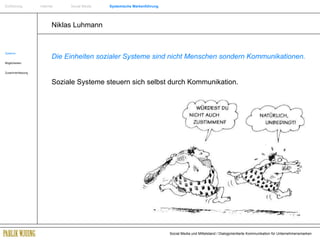 Niklas Luhmann Systeme Möglichkeiten Zusammenfassung Die Einheiten sozialer Systeme sind nicht Menschen sondern Kommunikationen. Soziale Systeme steuern sich selbst durch Kommunikation. Einführung   Internet  Social Media  Systemische Markenführung 