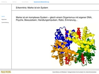 Erkenntnis: Marke ist ein System Systeme Möglichkeiten Zusammenfassung Marke ist ein komplexes System – gleich einem Organismus mit eigener DNA, Psyche, Bewusstsein, Handlungsimpulsen, Ratio, Erinnerung... Einführung   Internet  Social Media  Systemische Markenführung 