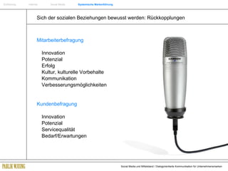 Einführung   Internet  Social Media  Systemische Markenführung Sich der sozialen Beziehungen bewusst werden: Rückkopplungen Mitarbeiterbefragung Innovation Potenzial Erfolg Kultur, kulturelle Vorbehalte Kommunikation Verbesserungsmöglichkeiten Kundenbefragung Innovation Potenzial Servicequalität Bedarf/Erwartungen 