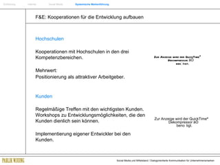 Einführung   Internet  Social Media  Systemische Markenführung F&E: Kooperationen für die Entwicklung aufbauen Hochschulen Kooperationen mit Hochschulen in den drei Kompetenzbereichen. Mehrwert:  Positionierung als attraktiver Arbeitgeber. Kunden Regelmäßige Treffen mit den wichtigsten Kunden. Workshops zu Entwicklungsmöglichkeiten, die den Kunden dienlich sein können. Implementierung eigener Entwickler bei den Kunden. 