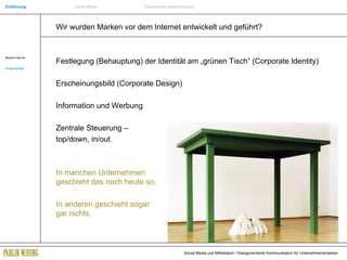 Wir wurden Marken vor dem Internet entwickelt und geführt? Festlegung (Behauptung) der Identität am „grünen Tisch“ (Corporate Identity) Erscheinungsbild (Corporate Design) Information und Werbung Zentrale Steuerung –  top/down, in/out  In manchen Unternehmen  geschieht das noch heute so. In anderen geschieht sogar    gar nichts. Marke+Internet Ausgangslage Einführung Social Media Systemische Markenführung 