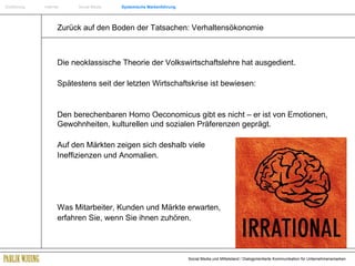 Einführung   Internet  Social Media  Systemische Markenführung Zurück auf den Boden der Tatsachen: Verhaltensökonomie Die neoklassische Theorie der Volkswirtschaftslehre hat ausgedient. Spätestens seit der letzten Wirtschaftskrise ist bewiesen: Den berechenbaren Homo Oeconomicus gibt es nicht – er ist von Emotionen, Gewohnheiten, kulturellen und sozialen Präferenzen geprägt. Auf den Märkten zeigen sich deshalb viele  Ineffizienzen und Anomalien. Was Mitarbeiter, Kunden und Märkte erwarten,  erfahren Sie, wenn Sie ihnen zuhören. 