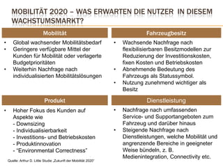 Mobilität 2020 – was erwarten die Nutzer  in diesem Wachstumsmarkt?FahrzeugbesitzDienstleistungMobilitätWachsende Nachfrage nach flexibilisierbaren Besitzmodellen zur Reduzierung der Investitionskosten, fixen Kosten und Betriebskosten