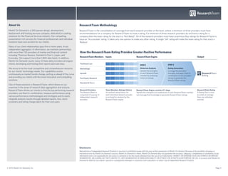 About Us                                                                ResearchTeam Methodology
 Markit On Demand is a 340-person design, development,                   ResearchTeam is the consolidation of coverage from each research provider on the team, where a minimum of three providers must have
 deployment and hosting services company, dedicated to creating          recommendations for a company for ResearchTeam to issue a rating. If a minimum of three research providers do not have a rating for a
 solutions for the Financial Services industry. Our compelling,          company,then the team rating for the stock is “Not Rated”. All of the research providers must have unanimous Buy ratings for ResearchTeam to
 presentation-rich services for financial professionals and individual   issue an ‘Accumulate’ rating. It takes only one opinion to make any other rating. A single ‘Sell’ rating will make the team rating for that stock a
 investors have won acclaim for our clients.                             ‘Reduce’.
 Many of our client relationships span five or more years. As an
 independent aggregator of information, we maintain partnerships
 with more than 130 providers of market and financial content            How the ResearchTeam Rating Provides Greater Positive Performance
 including Thomson Reuters, Standard & Poor’s, Lipper, and
                                                                         ResearchTeam Members Inputs                                          ResearchTeam Engine                                                        Output
 Econoday. We support more than 1,800 data feeds. In addition,
 Markit On Demand counts many of these data providers amongour
 clients, developing and hosting their reports and web sites.            TheStreet.Com
                                                                                                                                                   STEP 1                            STEP 2
 We strive to be the most competitive and comprehensive resource         MarketEdge                                                                Historical Analysis               Rating Generation
 for our clients’ technology needs. Our capabilities evolve                                                                                        Identify the strengths            Leverage the providers’
                                                                         Jaywalk                                                                   of each ResearchTeam              strengths and apply them in
 continuously as market trends change, putting us ahead of the curve
                                                                                                                                                   member by analyzing               combination to the providers’            Rating
 and providing our clients with the most innovative and compelling       Ford Equity Research                                                      historical ratings                ratings to generate the
 solutions.                                                                                                                                                                          ResearchTeam ratings
                                                                         Standard & Poor's
 One of these solutions is ResearchTeam, which draws on our
 expertise in the areas of research data aggregation and analysis.
 ResearchTeam allows our clients to find the top performing research     Research Providers              Team Members Ratings History         ResearchTeam Engine consists of 2 steps                                    ResearchTeam Rating
 providers, use them in combination, measure performance using           The ResearchTeam is             An audited rating history for        Identify the strengths and weaknesses of each ResearchTeam member          A Rating that is more
                                                                         comprised of a group of         each individual research provider    and leverage that knowledge to generate ResearchTeam ratings               accurate on average
 various performance methodologies and strategies and to easily          independent research            is archived for analysis by the                                                                                 than any individual
 integrate analysis results through detailed reports, lists, stock       providers                       ResearchTeam engine                                                                                             provider
 screeners and rating change alerts for their end users.




                                                                         Disclosures
                                                                         Reproduction of Independent Research Products in any form is prohibited except with the prior written permission of Markit On Demand. Because of the possibility of human or
                                                                         mechanical error by Markit On Demand’s sources, Markit On Demand or others, Markit On Demand does not guarantee the accuracy, adequacy, completeness or availability of any
                                                                         information and is not responsible for any errors or omissions or for the results obtained from the use of such information. MARKIT ON DEMAND GIVES NO EXPRESS OR IMPLIED
                                                                         WARRANTIES, INCLUDING, BUT NOT LIMITED TO, ANY WARRANTIES OF MERCHANTABILITY OR FITNESS FOR A PARTICULAR PURPOSE OR USE. In no event shall Markit On
                                                                         Demand be liable for any indirect, special or consequential damages in connection with subscriber’s or others’ use of Independent Research Products.


© 2012 Markit On Demand, Inc.                                                                                                                                                                                                                    Page 3
 
