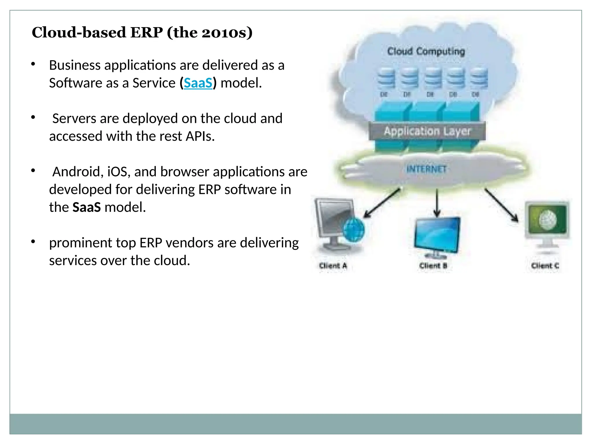 Cloud-based ERP (the 2010s)
• Business applications are delivered as a
Software as a Service (SaaS) model.
• Servers are deployed on the cloud and
accessed with the rest APIs.
• Android, iOS, and browser applications are
developed for delivering ERP software in
the SaaS model.
• prominent top ERP vendors are delivering
services over the cloud.
 
