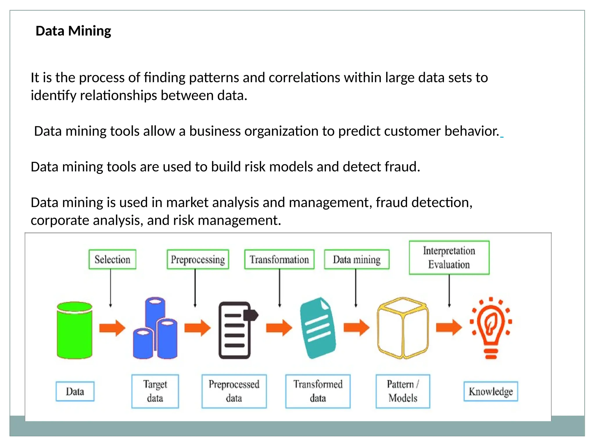 It is the process of finding patterns and correlations within large data sets to
identify relationships between data.
Data mining tools allow a business organization to predict customer behavior.
Data mining tools are used to build risk models and detect fraud.
Data mining is used in market analysis and management, fraud detection,
corporate analysis, and risk management.
Data Mining
 