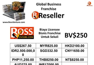 Global Business
Franchise

www.BossVenture.com

Biaya Licensee
Bisnis Franchise
Untuk Sekali
US$267.50
IDR2.500.000,0
0
PHP11,250.00

BV$250

MYR825.00
SGD332.50

HKD2100.00
CNY1650.00

THB8250.00

NT$8250.00

 