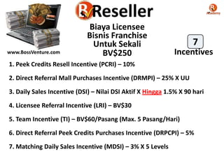 www.BossVenture.com

Biaya Licensee
Bisnis Franchise
Untuk Sekali
BV$250

7
Incentives

1. Peek Credits Resell Incentive (PCRI) – 10%

2. Direct Referral Mall Purchases Incentive (DRMPI) – 25% X UU
3. Daily Sales Incentive (DSI) – Nilai DSI Aktif X Hingga 1.5% X 90 hari
4. Licensee Referral Incentive (LRI) – BV$30
5. Team Incentive (TI) – BV$60/Pasang (Max. 5 Pasang/Hari)
6. Direct Referral Peek Credits Purchases Incentive (DRPCPI) – 5%

7. Matching Daily Sales Incentive (MDSI) – 3% X 5 Levels

 