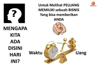 Untuk Melihat PELUANG
MEMILIKI sebuah BISNIS
Yang bisa memberikan
ANDA

MENGAPA
KITA
ADA
DISINI
Waktu
HARI
INI?

Uang

 