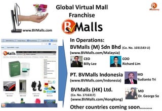 Global Virtual Mall
Franchise
www.BVMalls.com
In Operations:
BVMalls (M) Sdn Bhd (Co. No. 1031543-U)
(www.BVMalls.com/Malaysia)
CEO
Billy Lee
COO
Richard Lim
BVMalls (HK) Ltd.
(Co. No. 1716317)
(www.BVMalls.com/HongKong)
MD
Dr. George So
PT. BVMalls Indonesia
(www.BVMalls.com/Indonesia)
MD
Yudianto Tri
Other countries coming soon………
 