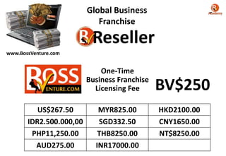 Global Business
Franchise
One-Time
Business Franchise
Licensing Fee
US$267.50 MYR825.00 HKD2100.00
IDR2.500.000,00 SGD332.50 CNY1650.00
PHP11,250.00 THB8250.00 NT$8250.00
AUD275.00 INR17000.00
BV$250
www.BossVenture.com
 