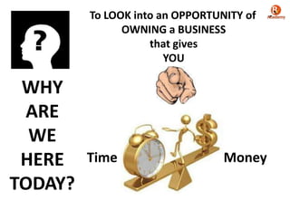 Time Money
To LOOK into an OPPORTUNITY of
OWNING a BUSINESS
that gives
YOU
WHY
ARE
WE
HERE
TODAY?
 