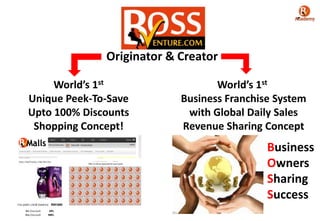World’s 1st
Unique Peek-To-Save
Upto 100% Discounts
Shopping Concept!
World’s 1st
Business Franchise System
with Global Daily Sales
Revenue Sharing Concept
Business
Owners
Sharing
Success
Originator & Creator
 