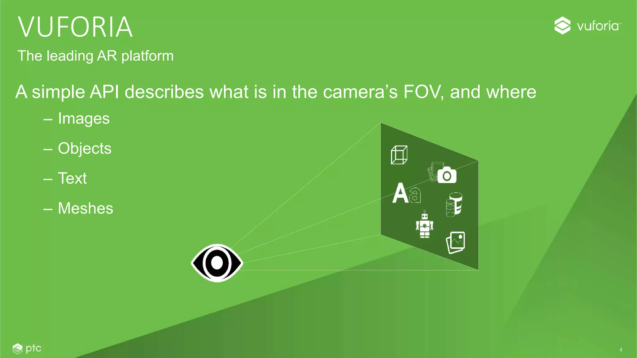 4
A simple API describes what is in the camera’s FOV, and where
– Images
– Objects
– Text
– Meshes
VUFORIA
The leading AR platform
 